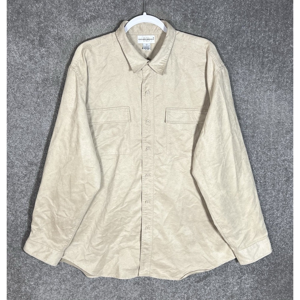 Vintage Knightsbridge Faux Suede Button Up Shirt Mens Size XL Beige Pockets